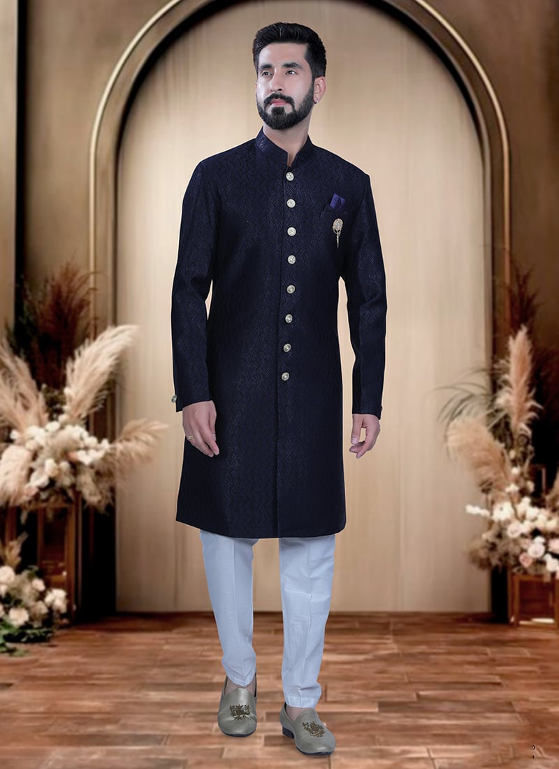 Blue Terry Rayon Zari Indowestern Sherwani  For Men Wedding Wear