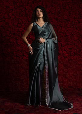 Blue Tissue Chiffon Hand Embroidered Zari Saree Festive Wear
