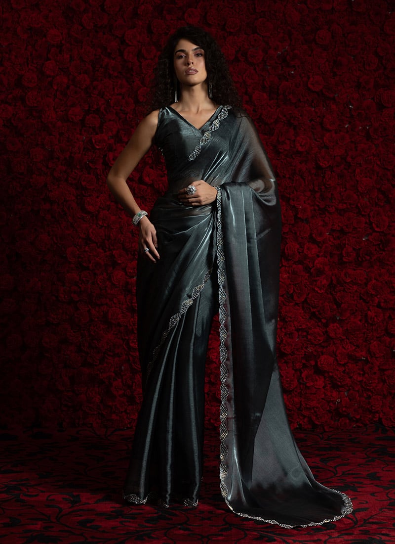 Blue Tissue Chiffon Hand Embroidered Zari Saree Festive Wear
