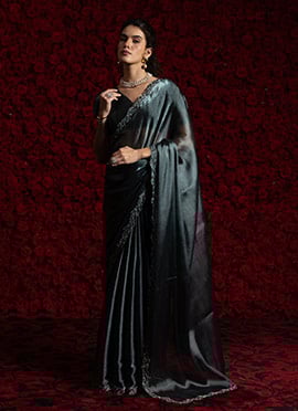 Blue Tissue Chiffon Hand Embroidered Zari Saree Festive Wear