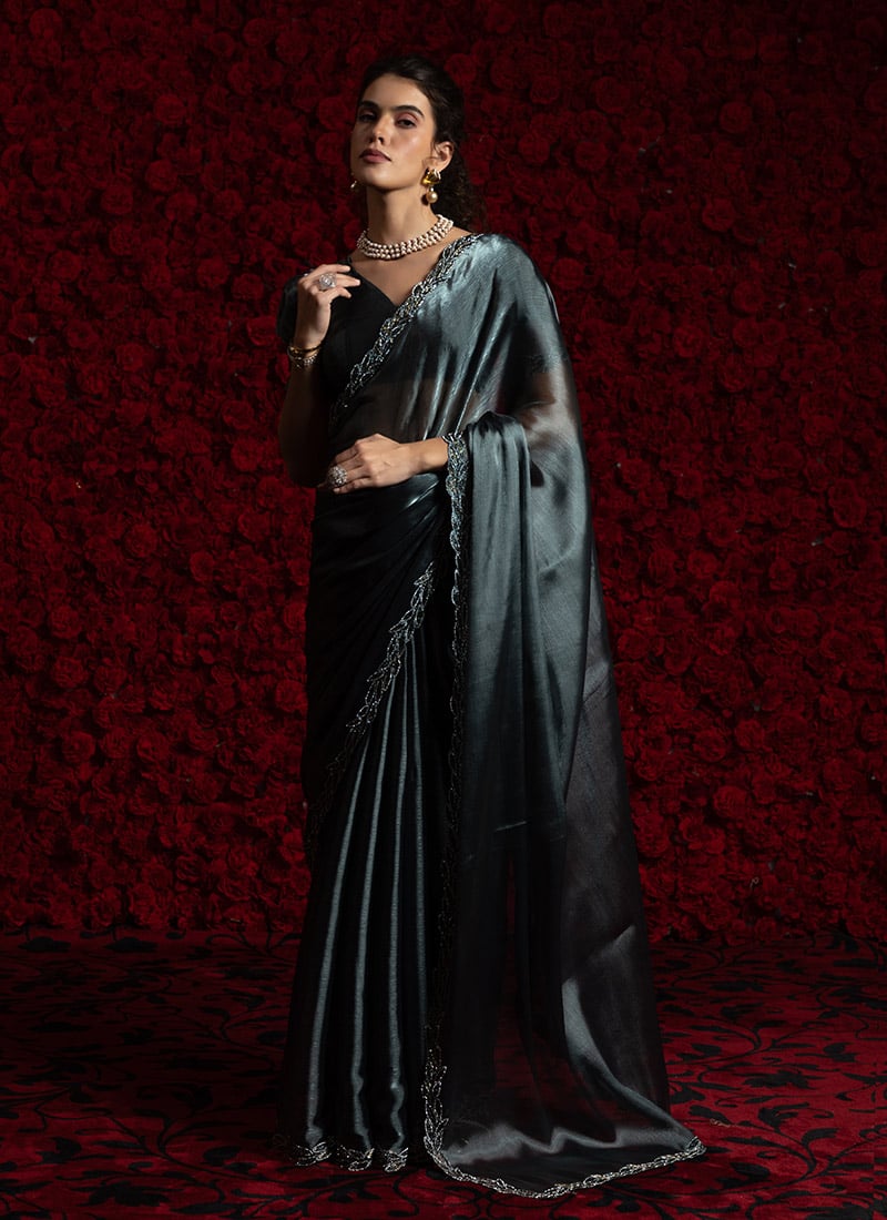 Blue Tissue Chiffon Hand Embroidered Zari Saree