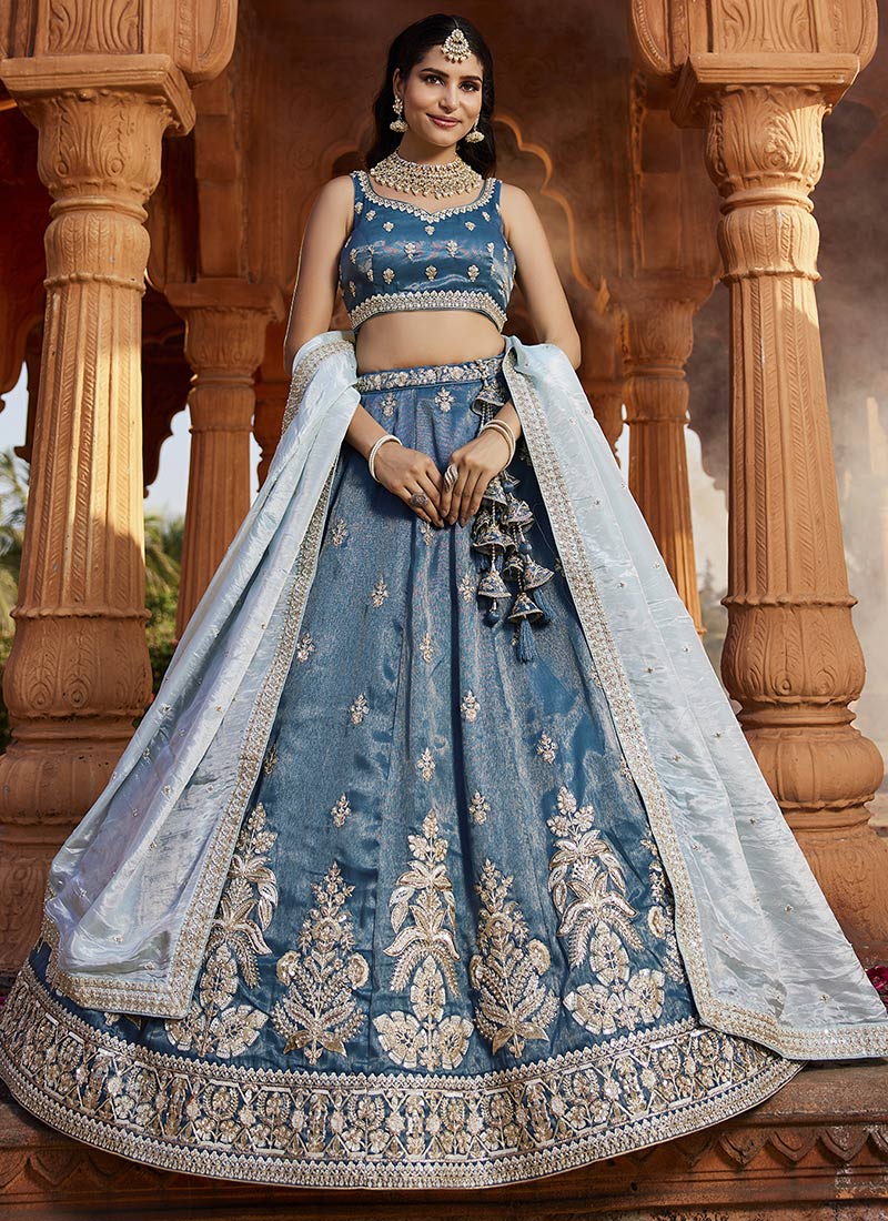 Blue Tissue Embroidered Sequins Lehenga Wedding Wear