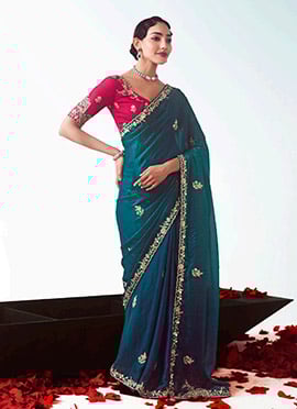 Blue Tissue Embroidered Sequins Saree