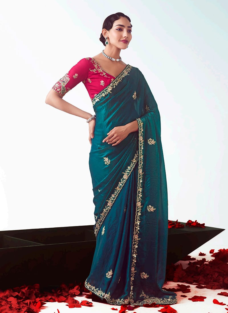 Blue Tissue Embroidered Sequins Saree Festive Wear
