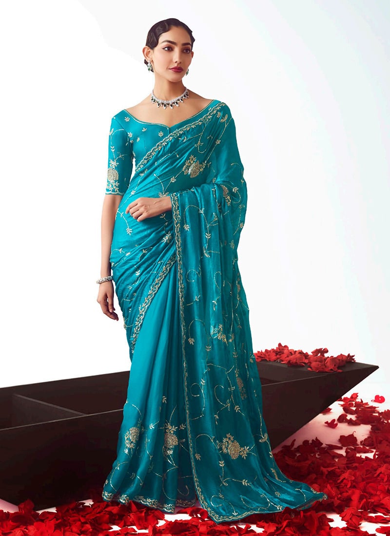 Blue Tissue Embroidered Sequins Saree