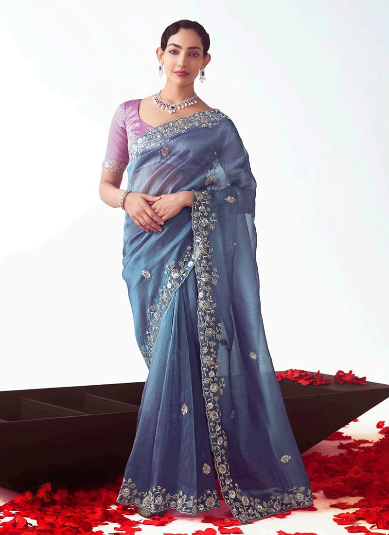 Blue Tissue Embroidered Sequins Saree