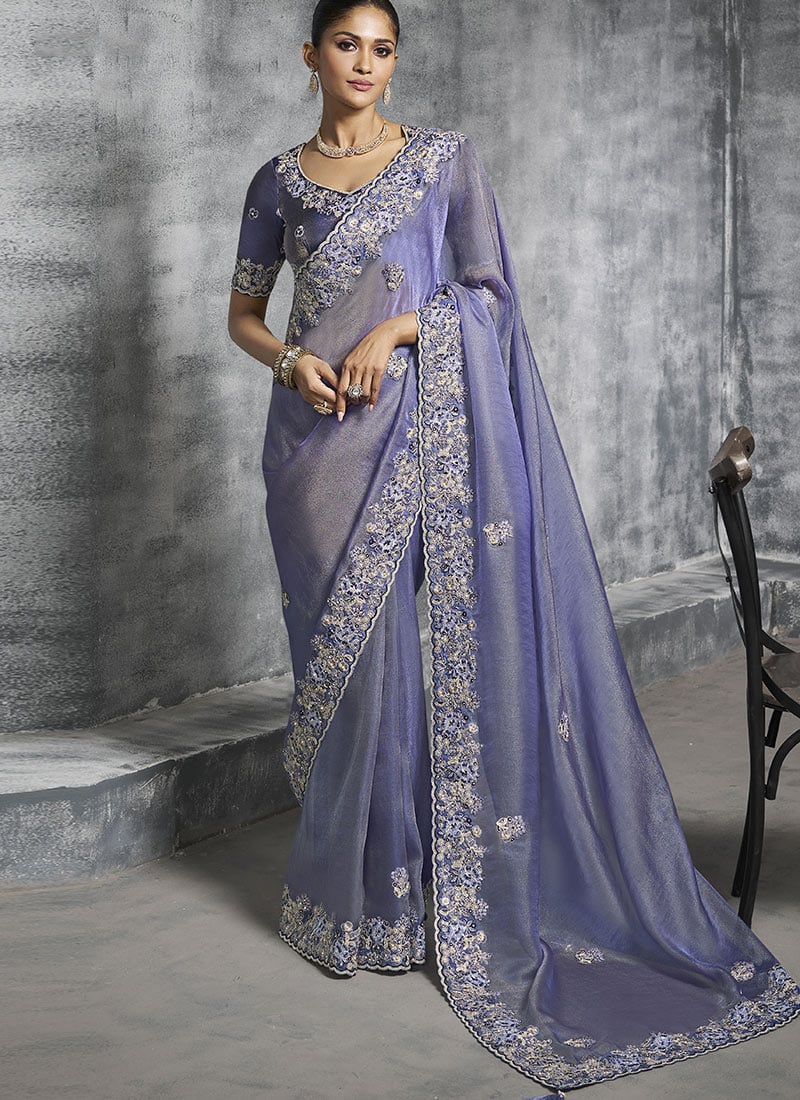 Blue Tissue Embroidered Sequins With Stone And Beads Work Saree  Wedding Wear
