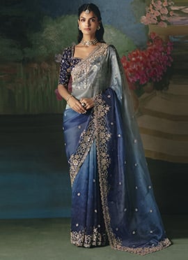 Blue Tissue Organza Sequins Embroidered With Stone Work Saree