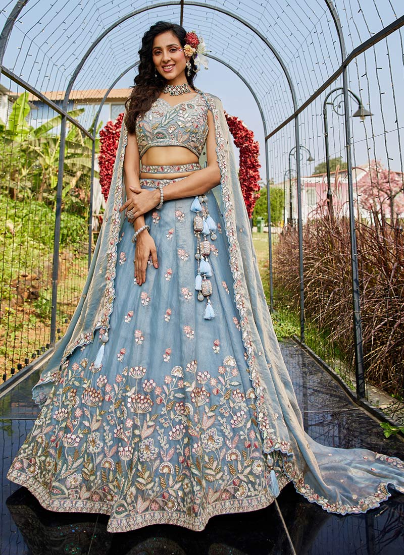 Blue Tissue Silk Stone And Moti Work With Embroidered Sequins Lehenga