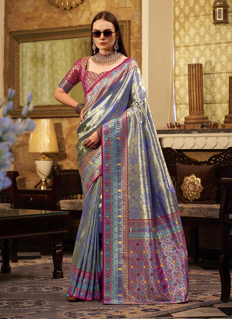 Blue Tissue Silk Zari Woven Saree Festive Wear
