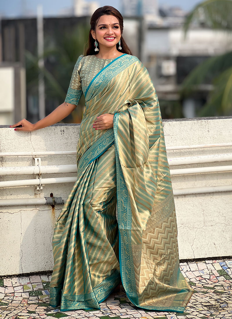Blue Tissue Woven Leheriya Saree