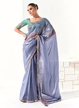 Blue Tissue Zari Hand Embroidered Sequins Saree