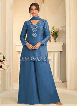 Blue Tora Silk Embroidered Mirror Work Thread Palazzo Suit