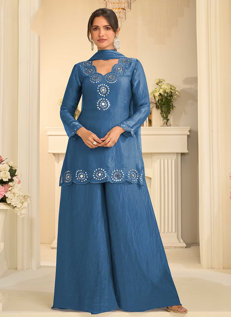 Blue Tora Silk Embroidered Mirror Work Thread Palazzo Suit Festive Wear
