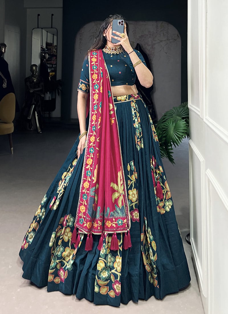 Blue Tussar Silk Foil Print Lehenga Festive Wear