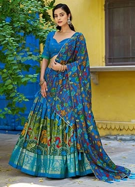Blue Tussar Silk Kalamkari Lehenga