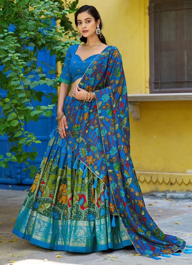 Blue Tussar Silk Kalamkari Lehenga Festive Wear