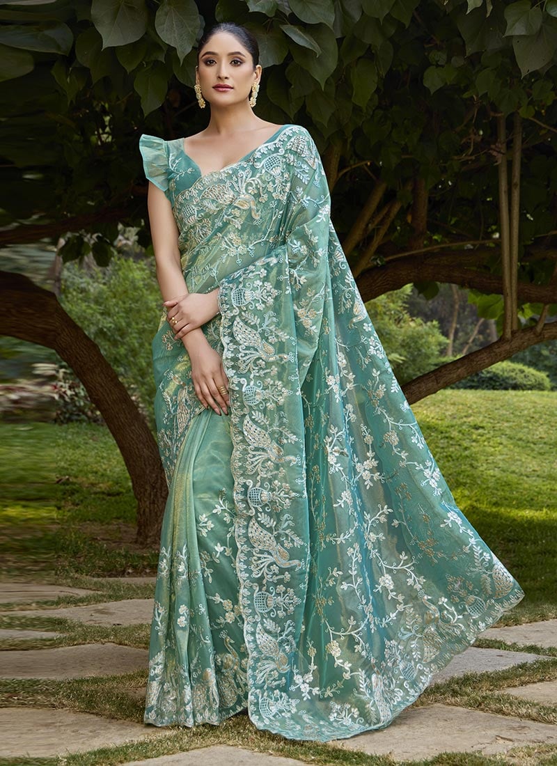 Blue Twill Net Embroidered Sequins Saree Festive Wear-SASKY111A