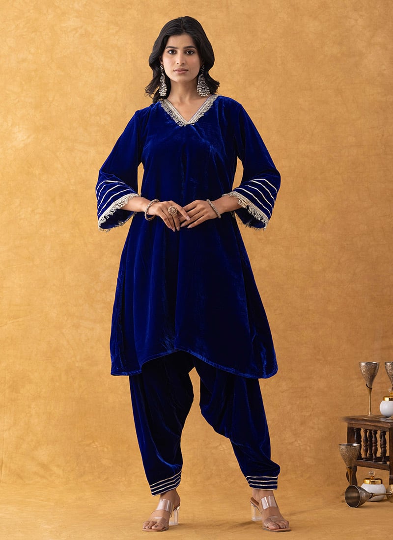 Blue Velvet A Line Kurta Salwar Set After Six Wear