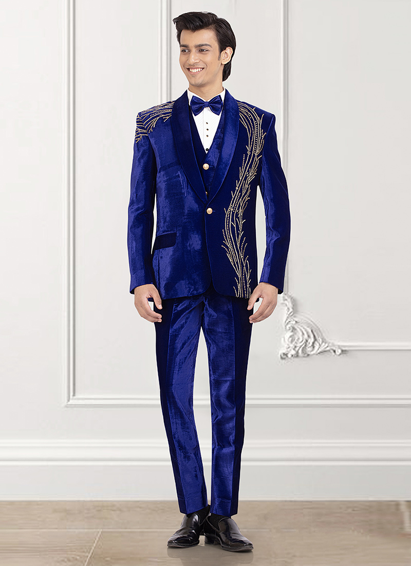 Blue Velvet Beads And Stone Hand Embroidered Suit
