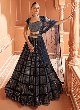 Blue Velvet Embroidered And Sequins Umbrella Lehenga