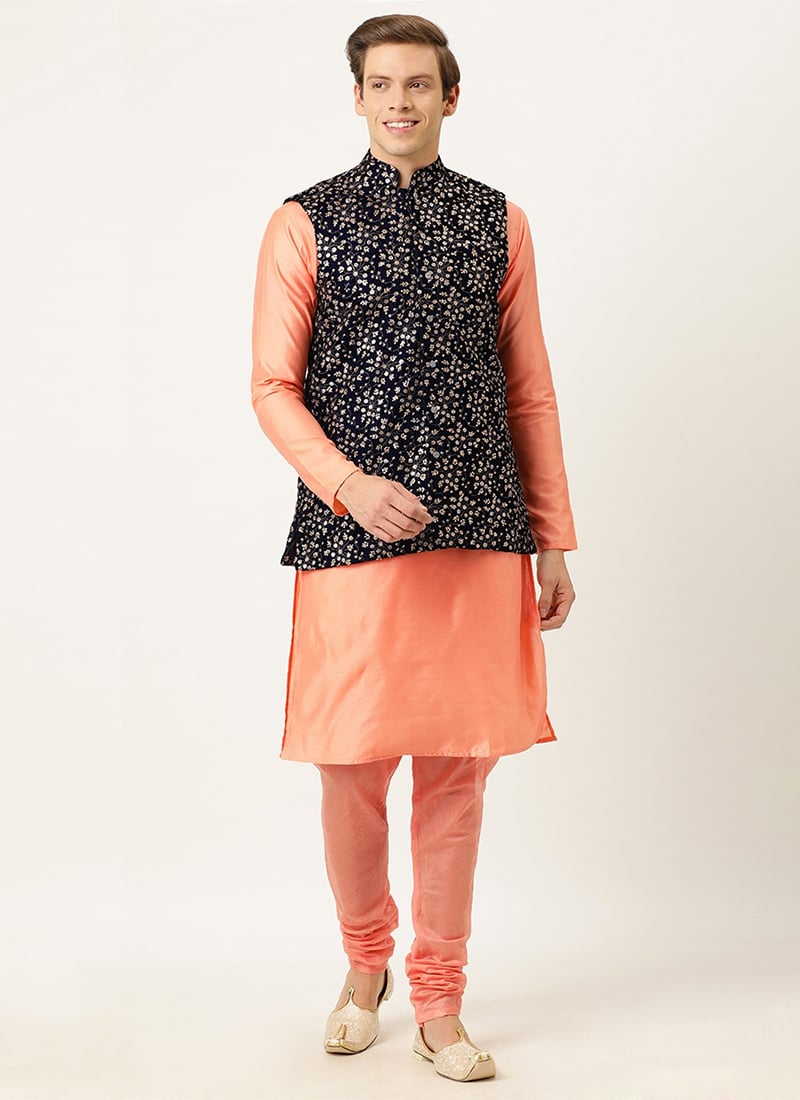 Blue Velvet Embroidered N Peach Bandi Set