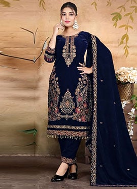 Blue Velvet Embroidered Sequins Pakistani Straight Pant Suit