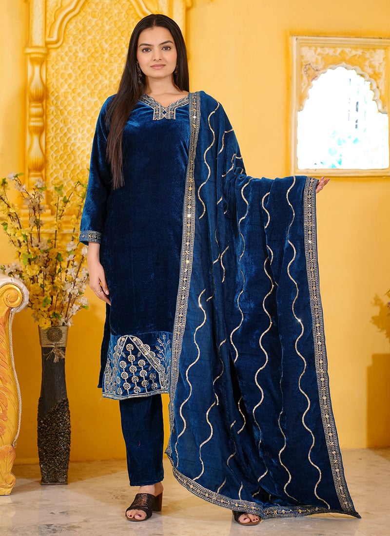 Blue Velvet Embroidered Sequins Straight Pant Suit Festive Wear