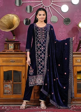 Blue Velvet Embroidered Sequins Straight Pant Suit