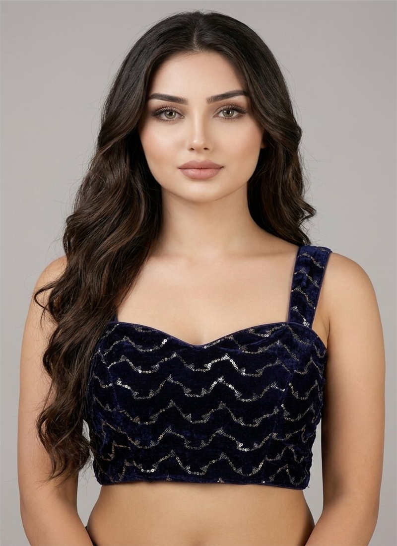 Blue Velvet Embroidered Sequins Stretchable Blouse Festive Wear