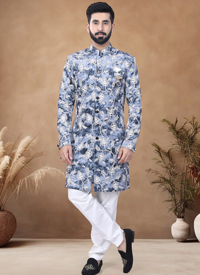 Blue Velvet Embroidered Thread Classic Sherwani Wedding Wear