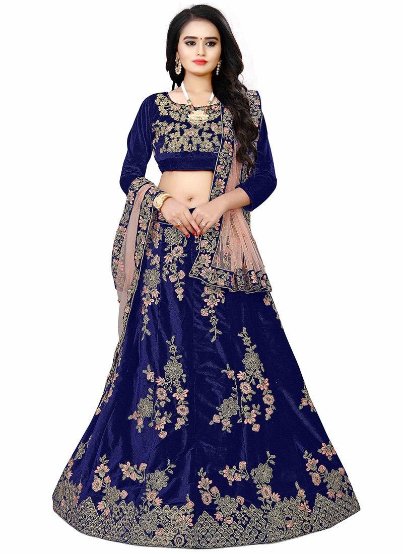 Buy Blue Velvet Embroidered Umbrella Lehenga Party Wear, Embroidered