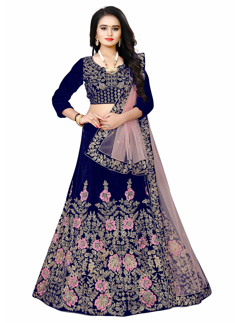 Buy Blue Velvet Embroidered Umbrella Lehenga Party Wear, Embroidered
