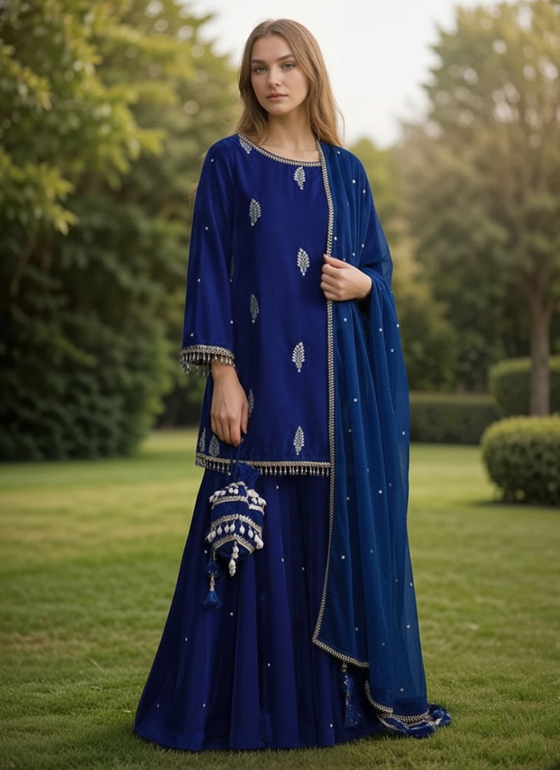 Blue Velvet Hand Embroidered Sequins Sharara Suit Festive Wear