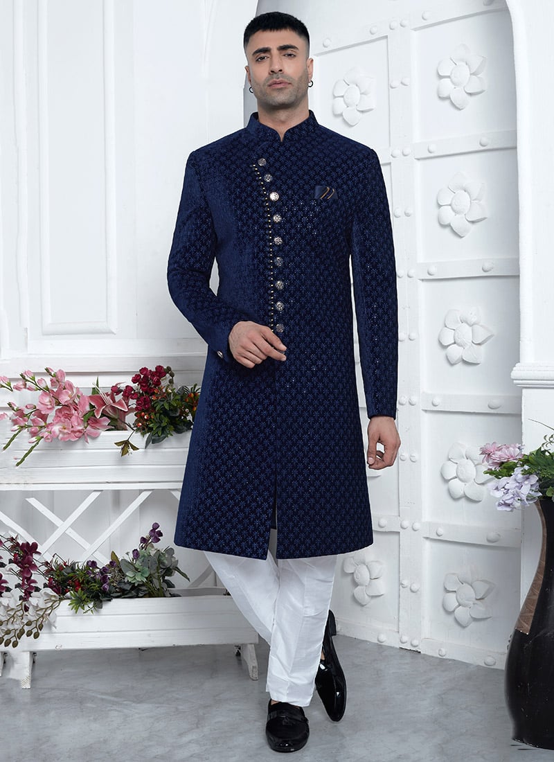 Blue Velvet Indowestern Sherwani With Sequins For Royal Look
