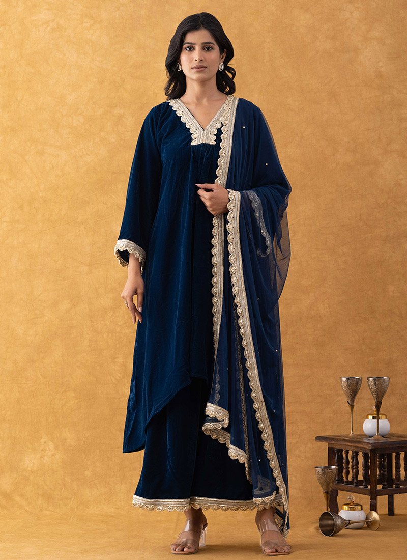 Blue Velvet Lace Detailed Palazzo Suit After Six Wear