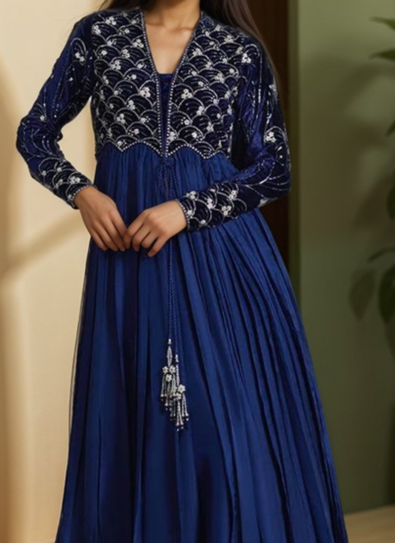 Sky Blue Chinon Anarkali Suit With Dupatta And Moti Cut Dana Work