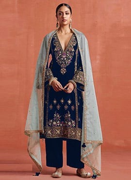 Blue Velvet Zari And Embroidered Sequins Straight Pant Suit