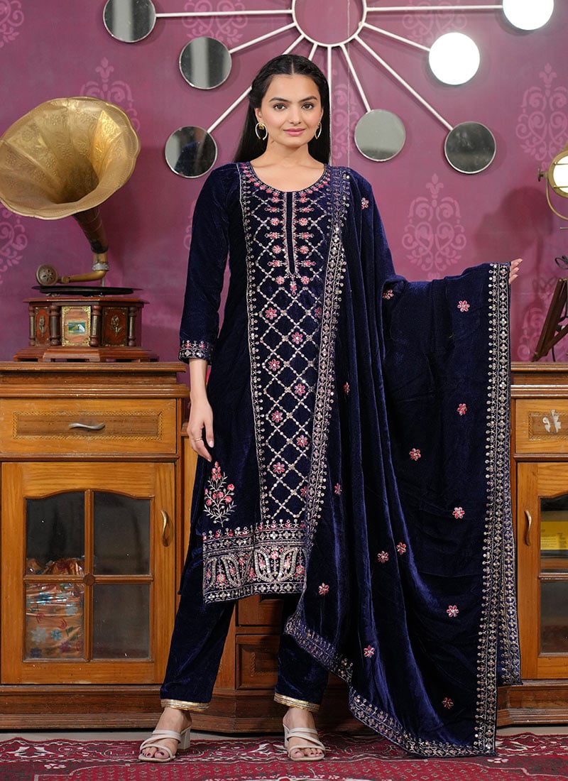 Blue Velvet Zari Embroidered Sequins Straight Pant Suit