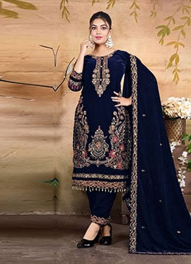 Blue Velvet Zari Embroidered Sequins Thread Straight Pant Suit