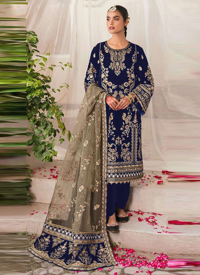 Blue Velvet Zari Sequins Embroidered Straight Pant Suit Festive Wear