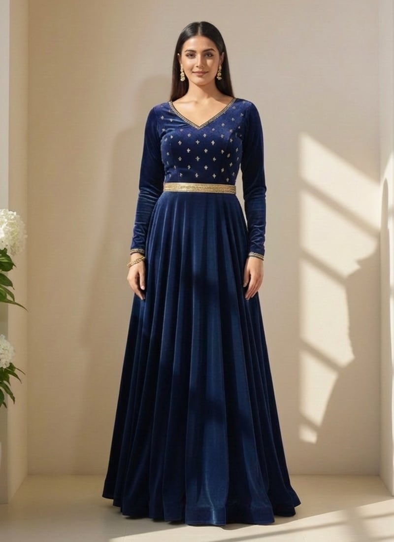 Blue Velvet Zari Sequins Gown After Six Wear