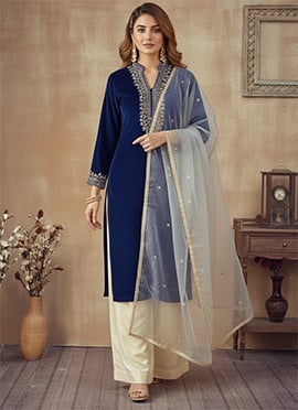 Blue Velvet Zari Sequins Royal Palazzo Ensemble