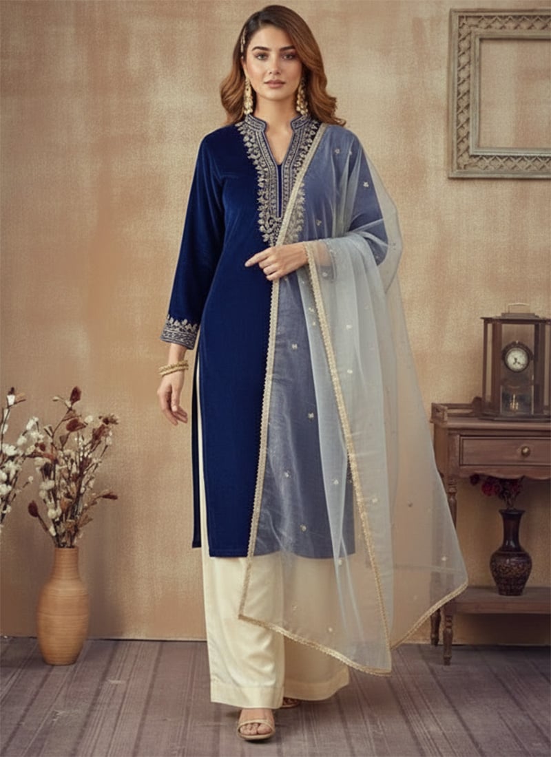 Blue Velvet Zari Sequins Royal Palazzo Ensemble Festive Wear