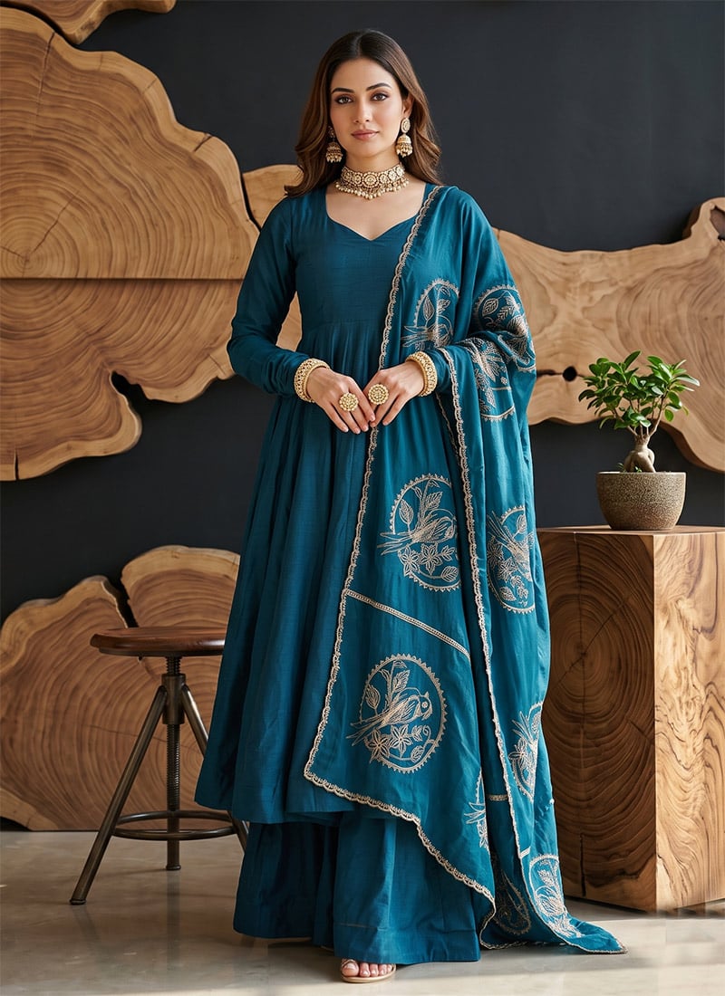 Blue Vichitra Silk Embroidered Anarkali Palazzo Suit After Six Wear