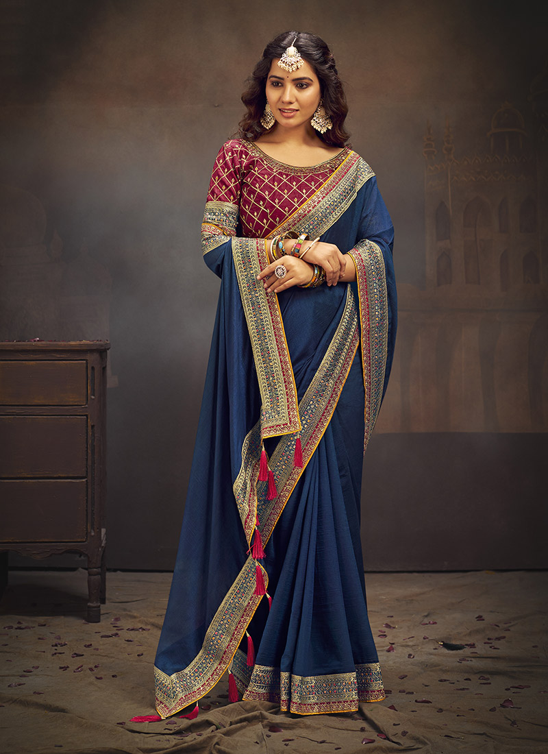 Blue Vichitra Silk Embroidered Saree Festive Wear