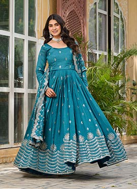 Blue Vichitra Silk Embroidered Sequins Anarkali Suit