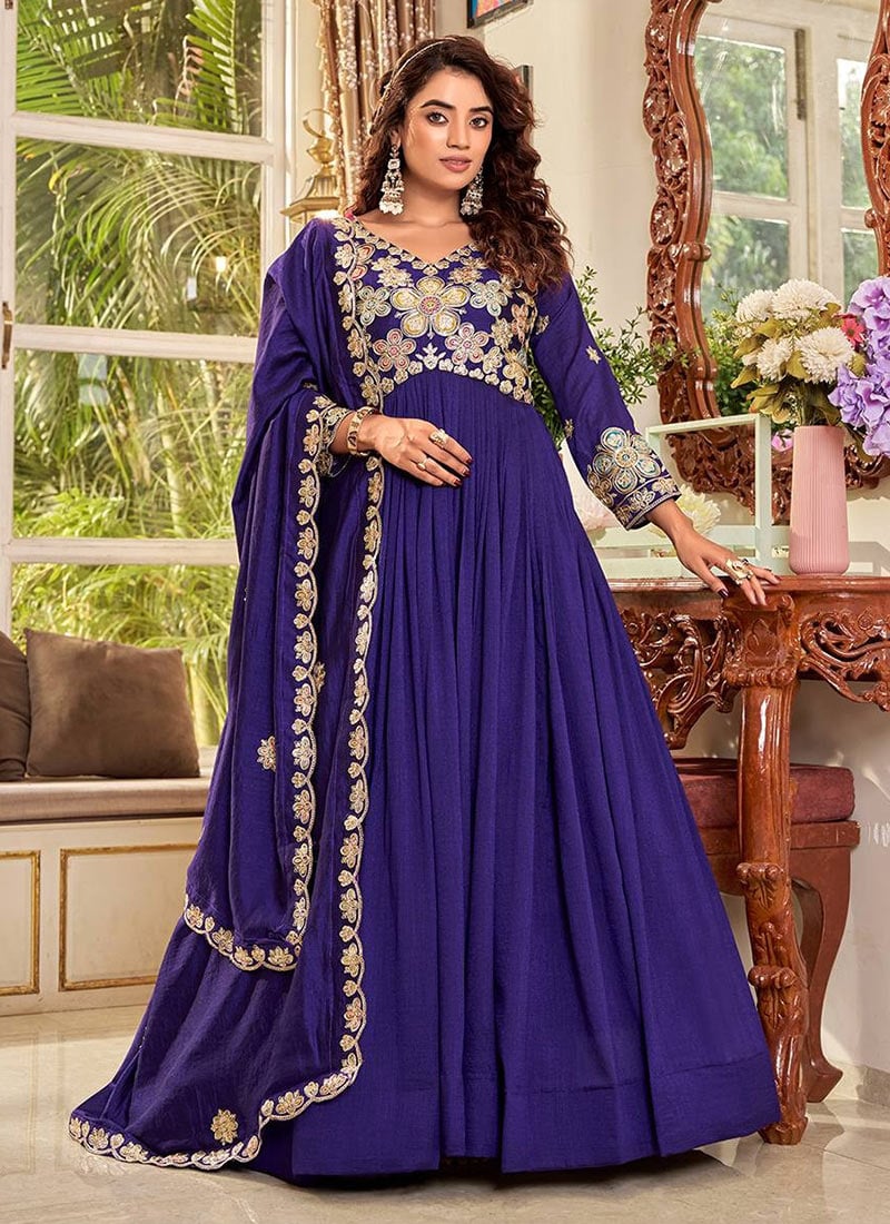 Blue Vichitra Silk Embroidered Sequins Anarkali Suit Festive Wear