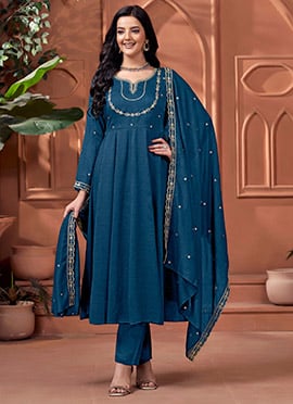 Blue Vichitra Silk Embroidered Sequins Anarkali Suit