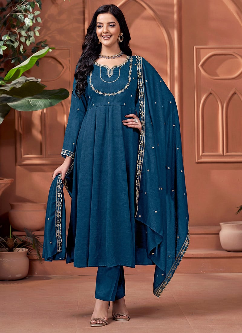 Blue Vichitra Silk Embroidered Sequins Anarkali Suit After Six Wear